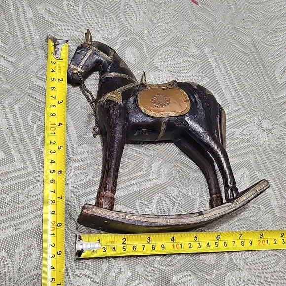 Vintage Carved Wooden Hammered Brass Rocking Horse Decor - Picture 3 of 12